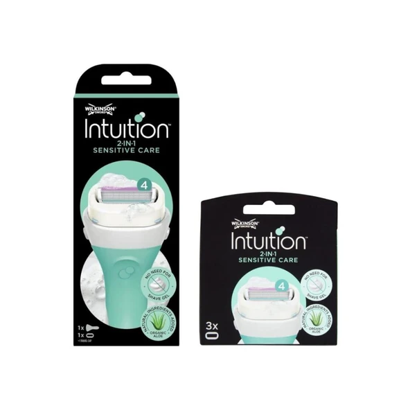 Wilkinson Sword Intuition 2 in 1 Sensitive Care Kendinden Sabunlu 4 Bıçaklı Kadın Tıraş Bıçağı + 3 Yedek Başlık