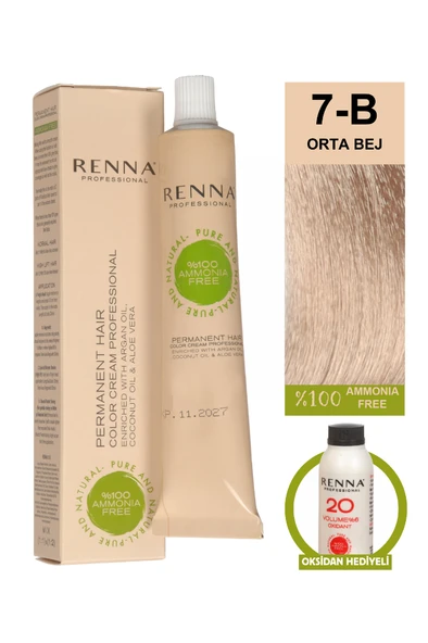 Renna Bitkisel Amonyaksız Saç Boyası 60 Ml 7-B Orta Bej Oksidan Hediyeli ürün görseli 1