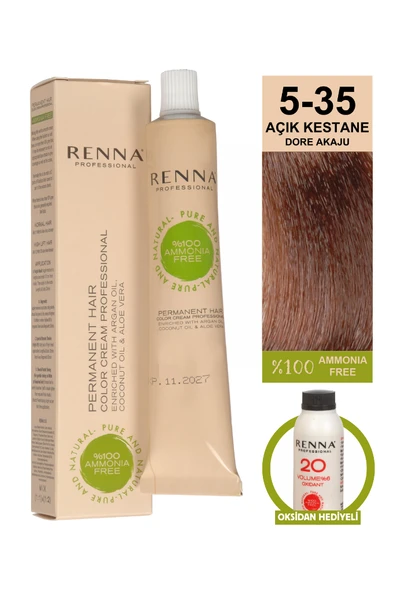 Renna Bitkisel Amonyaksız Saç Boyası 60 Ml 5-35 Açık Kestane Dore Akaju Oksidan Hediyeli - 1