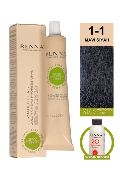 Renna Bitkisel Amonyaksız Saç Boyası 60 Ml 1-1 Mavi Siyah Oksidan Hediyeli ürün görseli 1