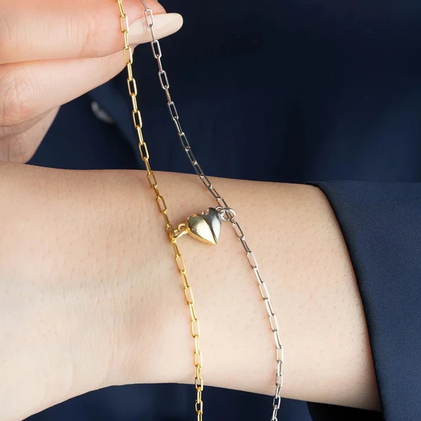 Vaoov 925 Ayar Gümüş Kalp Mıknatıslı Çift Bilekliği - Resim 3