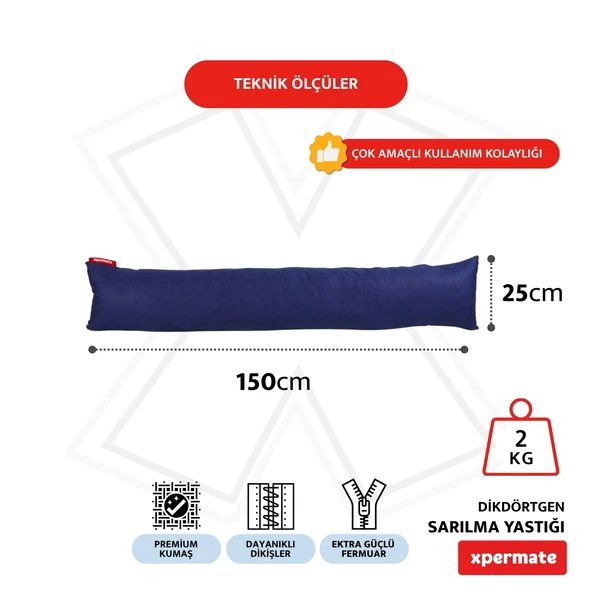 XPERMATE Sarılma Yastığı , Uyku Yastığı , Bacak Arası Yastığı Dikdörtgen 150x25 cm KoyuLacivert - Resim 2