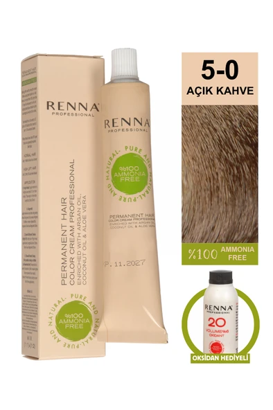 Renna Bitkisel Amonyaksız Saç Boyası 60 Ml 5-0 Açık Kahve Oksidan Hediyeli