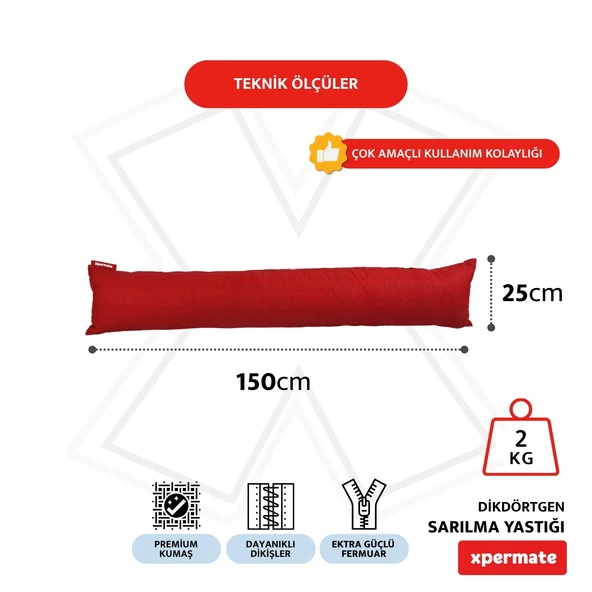 XPERMATE Sarılma Yastığı , Uyku Yastığı , Bacak Arası Yastığı Dikdörtgen 150x25 cm KoyuKırmızı - Resim 2