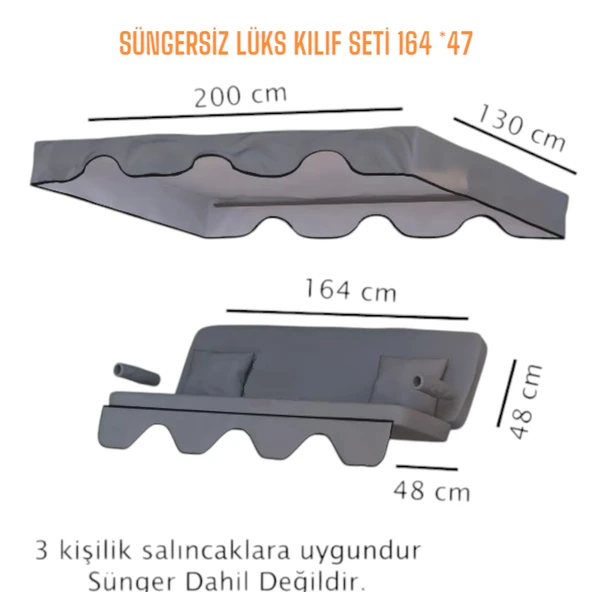 3 Kişilik Lüks Salıncak Kılıf Seti Süngersiz Panama Gri 164x47