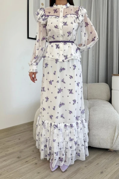 Çiçek Desenli Bluz ve Etek İkili Takım 4707-Beyaz/Mor - 5