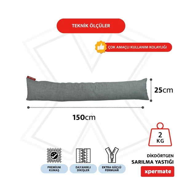XPERMATE Sarılma Yastığı , Uyku Yastığı , Bacak Arası Yastığı Dikdörtgen 150x25 cm AçıkGri - 2