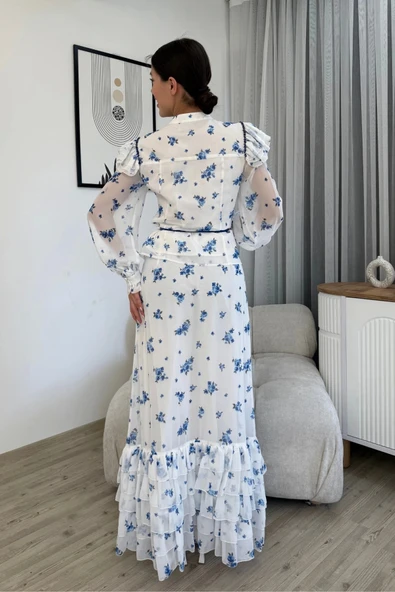 Çiçek Desenli Bluz ve Etek İkili Takım 4707-Beyaz/Mavi - 5