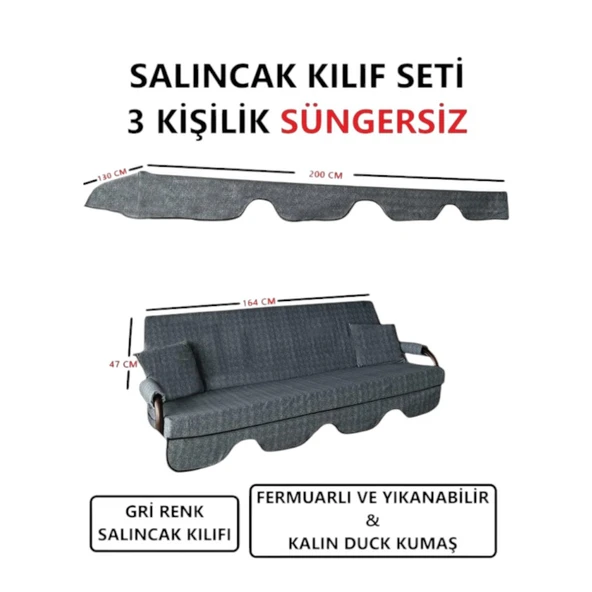 3 Kişilik Lüks Salıncak Kılıf Seti Süngersiz Siz Gri Desenli 164x47