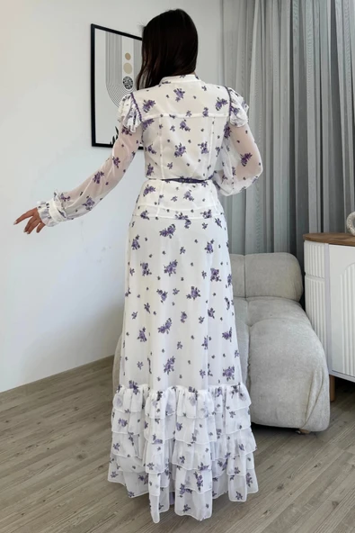 Çiçek Desenli Bluz ve Etek İkili Takım 4707-Beyaz/Mor - 6