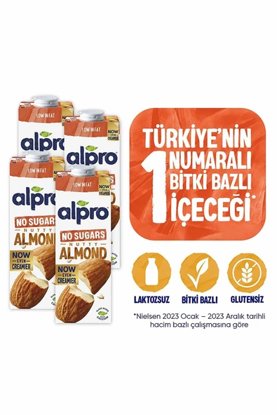 Şekersiz Badem Sütü 4x1 Lt Mega Avantajlı Paket ürün görseli 1