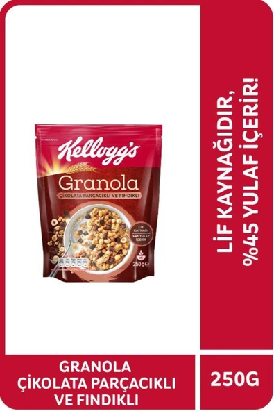 Kellogg’s Granola Çikolata Parçacıklı Ve Fındıklı 250g,%44 Yulaf Ezmesi,lif Kaynağı,kahvaltılık