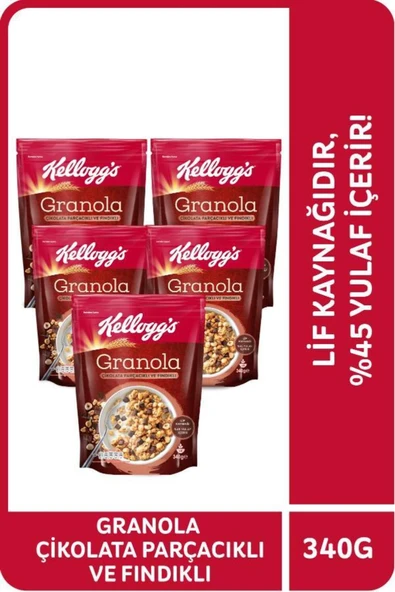 Kellogg’s Granola Çikolata Parçacıklı Ve Fındıklı 340g X5 Adet, %44 Yulaf Ezmesi,lif Kaynağı,kahvaltılık