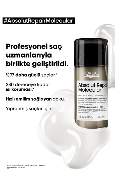 L'OREAL PROFESSİONNEL Serie Expert Absolut Repair Molecular Tüm Yıpranmış Saçlar Için Durulanmayan M - Resim 2