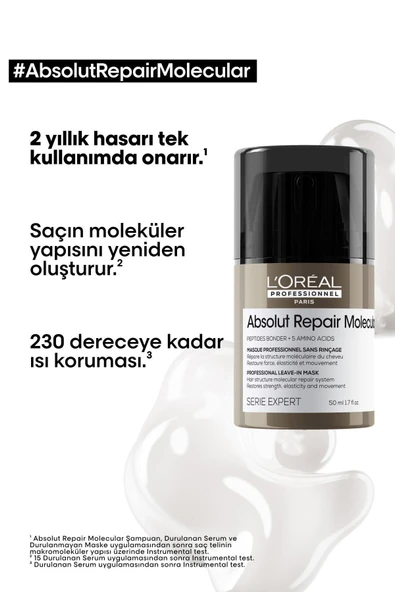 L'OREAL PROFESSİONNEL Absolut Repair Molecular Tüm Yıpranmış Saçlar İçin Durulanmayan Maske 50ml - Resim 2