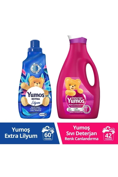 Yumoş Extra Lilyum Konsantre Çamaşır Yumuşatıcı 1440 ml + Hassas Giysiler İçin Deterjan 2520 ml.
