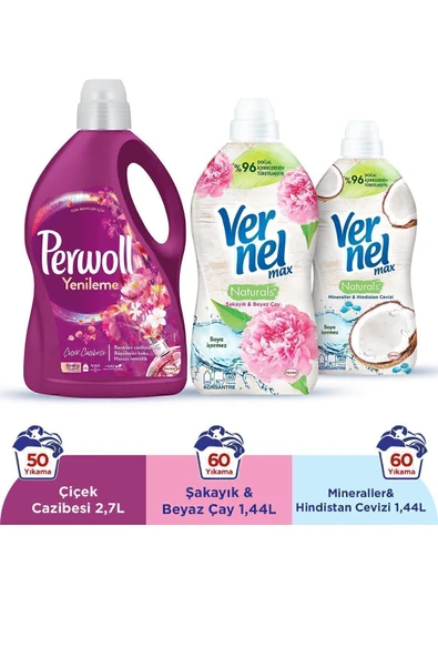 Sıvı Çamaşır Deterjanı Çiçek Cazibesi 2.7L + Vernel Max Yumuşatıcı 1.44L Şakayık & Hindistan Cevizi