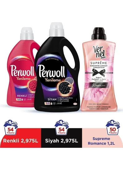 Hassas Bakım Sıvı Çamaşır Deterjanı 2x54 Yıkama (Siyah & Renkli) + Vernel Max 1200ml Supreme Romance