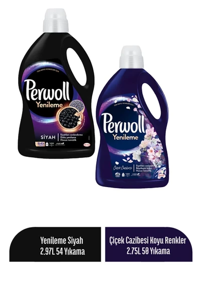 Sıvı Deterjan Perwol Çiçek Cazibesi Koyu Renkler 2.75L(50 Yıkama)+Yenileme Siyah 2.97L (54 Yıkama)