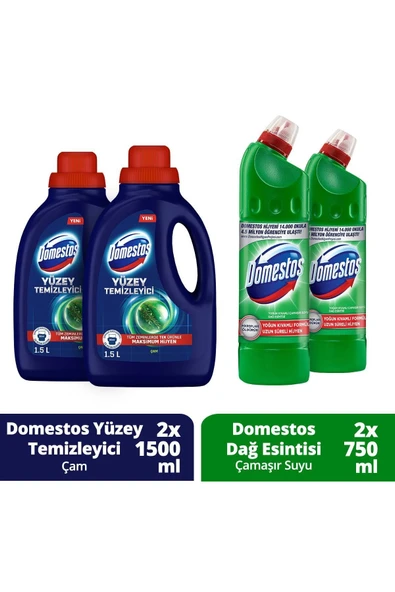 Yüzey Temizleyici Çam 1500 ml x 2 + Domestos Dağ Esintisi Çamaşır Suyu 750 ml x 2