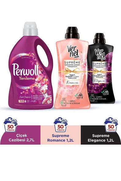 Sıvı Çamaşır Deterjanı Çiçek Cazibesi 2.7L + Vernel Max Yumuşatıcı Supreme 1200ml Romance & Elegance