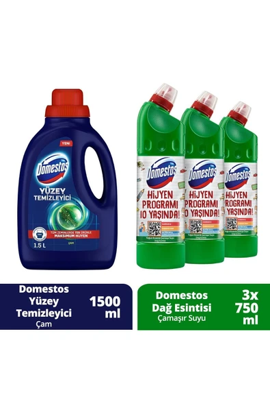 Yüzey Temizleyici Çam 1500 ml + Domestos Dağ Esintisi Çamaşır Suyu 750 ml x 3