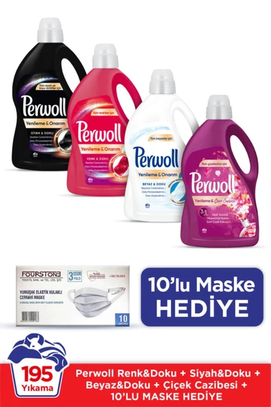 Hassas Bakım Sıvı Çamaşır Deterjanı 4x3L(195 Yıkama) Siyah+Renk+Beyaz+Çiçek Cazibesi+10'lu Maske Hed