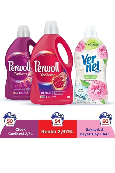 Sıvı Çamaşır Deterjanı 2.97L Renkli (104 Yıkama) + 2.75L Çiçek Cazibesi + Vernel 1440ml Şakayık