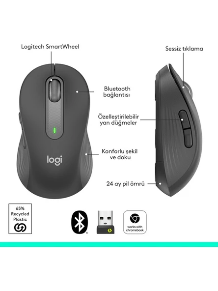 Logitech Signature M650 Büyük Boy Sağ El Için Sessiz Kablosuz Mouse - Siyah - 3