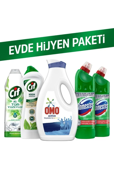 Evde Temizlik Paketi Krem Amonyak750 Ml+domestos 750ml+d2+ Jel 750 Ml+omo Sıvı Active 1690ml