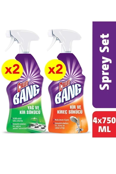 Banyo ve Mutfak Temizleyici Yağ Çözücü ve Kireç Sökücü Sprey Set x2 (4x750 ml)