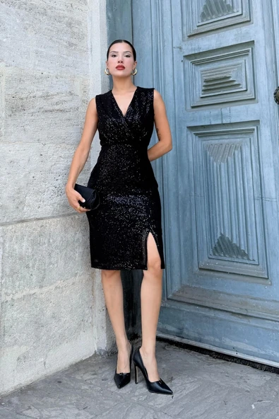 Kruvaze Yaka Payetli Midi Elbise 6031-Siyah - Resim 7