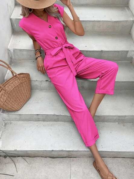 Keten Kadın V Yaka Tek Sıra Düğmeli Kolsuz Fuşya Tulum - Resim 3