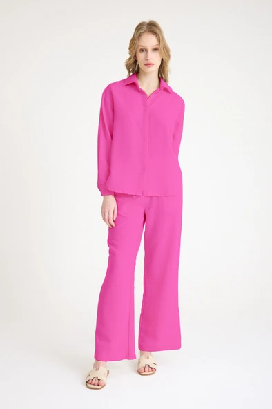 Günlük Fuşya Keten İkili Takım Alt Üst ürün görseli