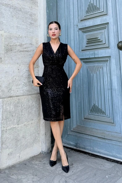 Kruvaze Yaka Payetli Midi Elbise 6031-Siyah - Resim 2