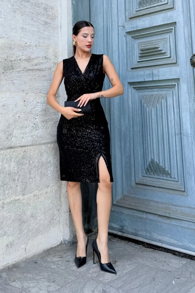 Kruvaze Yaka Payetli Midi Elbise 6031-Siyah - Resim 6