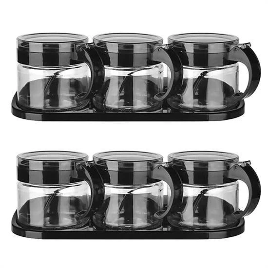Derin Stok® Siyah 3lü Standlı Kapaklı Kaşıklı Cam Hava Sızdırmaz Baharatlık Takımı KC-386 - 10