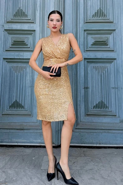 Kruvaze Yaka Payetli Midi Elbise 6031-Gold - 2
