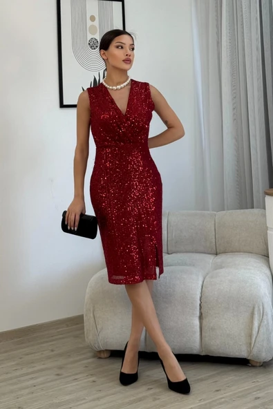 Kruvaze Yaka Payetli Midi Elbise 6031-Bordo