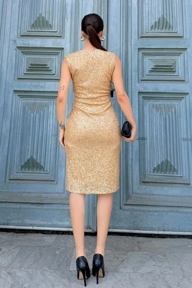 Kruvaze Yaka Payetli Midi Elbise 6031-Gold - 5