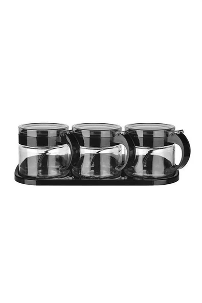 Derin Stok® Siyah 3lü Standlı Kapaklı Kaşıklı Cam Hava Sızdırmaz Baharatlık Takımı KC-386 - 6