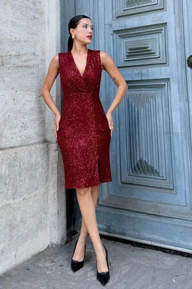 Kruvaze Yaka Payetli Midi Elbise 6031-Bordo - Resim 4