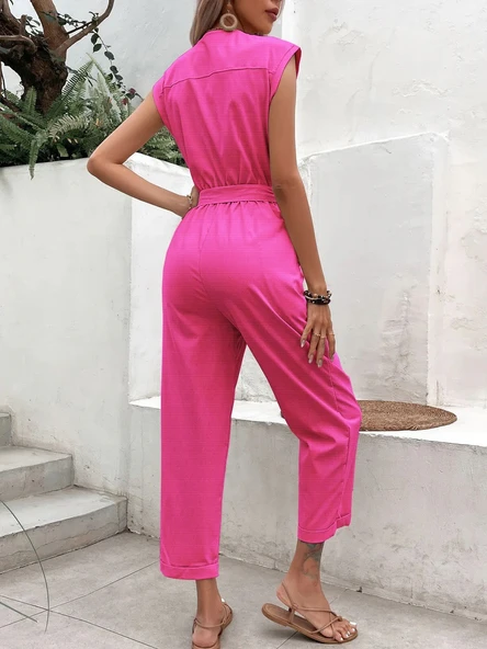 Keten Kadın V Yaka Tek Sıra Düğmeli Kolsuz Fuşya Tulum - Resim 4