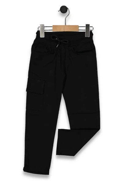 Erkek Çocuk Beli Ribanalı Siyah Kargo Kanvas Pantolon BGL-ST04546