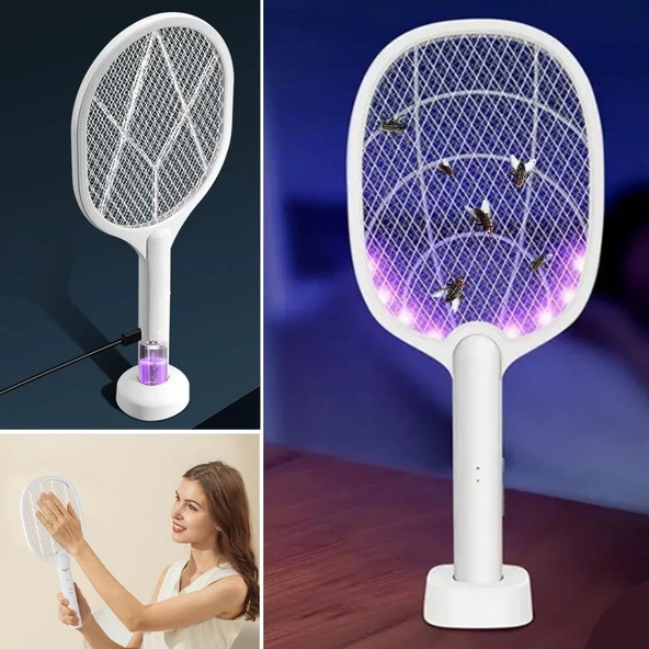 Derin Stok® Şarjlı Sinek Öldürücü Masaüstü Standlı,Mor Işık Sinek Kovucu Raket 5w