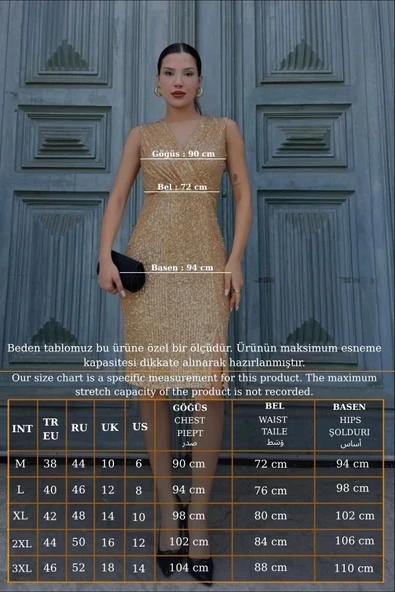 Kruvaze Yaka Payetli Midi Elbise 6031-Gold - Resim 6