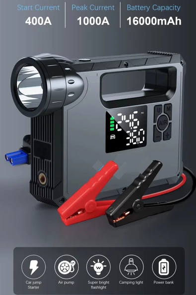 Hp-M01 Jump Starter 16000mAh Akü Takviye Cihazı Lastik Şişirme Kompresör Lamba Powerbank Çanta