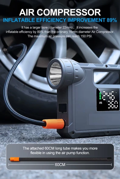 Hepu Hp-M01 Jump Starter 5 İn 1 16000mAh Akü Takviye Cihazı Lastik Şişirme Kompresör Lamba Powerbank Çanta - 2