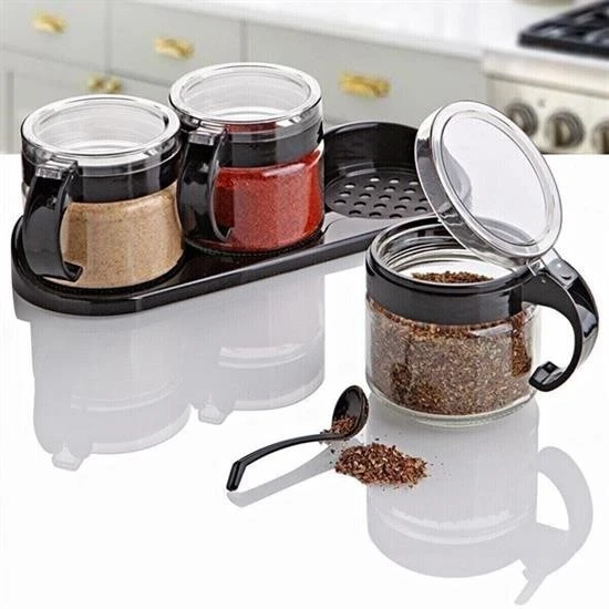 Derin Stok® Siyah 3lü Standlı Kapaklı Kaşıklı Cam Hava Sızdırmaz Baharatlık Takımı KC-386