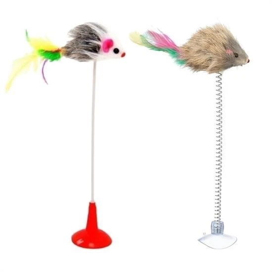 Derin Stok® 2li Vantuzlu Fareli Tüylü Hareketli Çanlı ve Esneyen Eğlenceli Peluş Kedi Oyuncağı